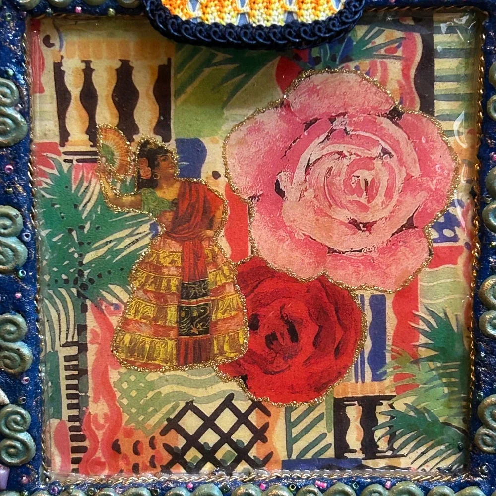 Mary Frances Beaded Box Crossbody Bag Floral Guitar Art Handcrafted Purse